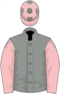 Grey, pink sleeves, pink cap, grey spots