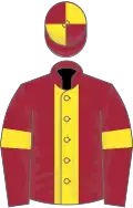 Maroon, yellow stripe and armlets, quartered cap