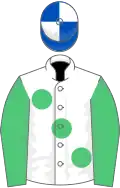 White, large emerald green spots and sleeves, royal blue and white quartered cap