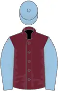 Claret, light blue sleeves and cap