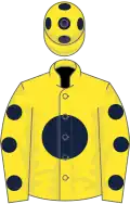 Yellow, dark blue disc, yellow sleeves, dark blue spots, yellow cap, dark blue spots