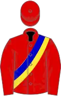 RED, blue and yellow sash, red cap
