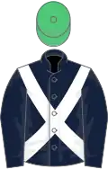 Dark blue, white cross sashes, emerald green cap