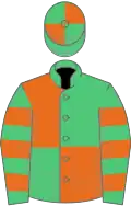 Emerald green and orange quartered, hooped sleeves, qtd cap