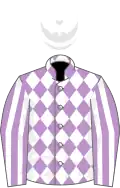 Mauve and white diamonds, striped sleeves, white cap