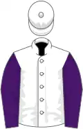 White, purple sleeves, white cap