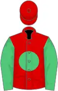 Red, emerald green disc and sleeves, red cap
