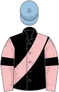 Black, pink sash, pink sleeves, black armlets, light blue cap