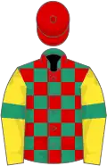 Emerald green and red check, yellow sleeves, emerald green armlets, red cap