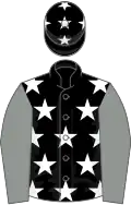 Black, white stars, grey sleeves, black cap, white stars