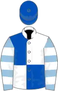 White and royal blue (quartered), light blue and white hooped sleeves, royal blue cap