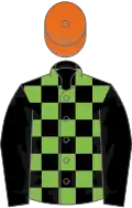 Black and light green check, black sleeves, orange cap