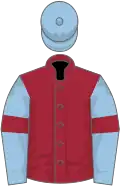 Maroon, light blue sleeves, maroon armlets, light blue cap