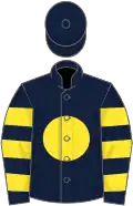 Dark blue, yellow disc, hooped sleeves