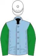 Light blue, green sleeves, white cap