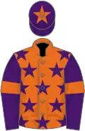 Orange, purple stars, purple sleeves, orange armlets and star on purple cap