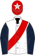 White, red sash, dark blue sleeves, red cap, white star