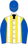 White and yellow stripes, royal blue sleeves and cap