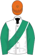 White, emerald green sash and sleeves, orange cap