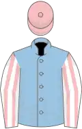 Light blue, white and pink striped sleeves, pink cap