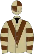 Beige, brown chevron, hooped sleeves, quartered cap