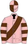 Pink, brown sash, hooped sleeves, quartered cap