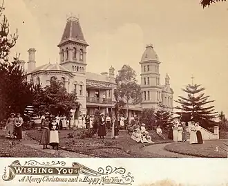 Shubra Hall and the Main School Building and students of the Presbyterian Ladies' College, Sydney, 1892.