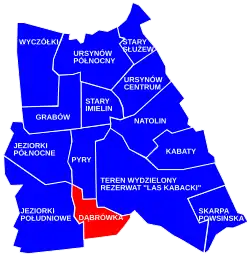 Location of the City Information System area of Dąbrówka within the district of Ursynów.