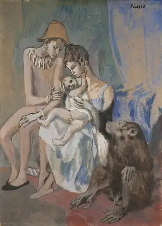 Pablo Picasso, 1905, Acrobat's Family with a Monkey (Famille au Singe), collage, gouache, watercolor, pastel and India ink on cardboard, 104 × 75&nbsp;cm, Göteborgs Konstmuseum, Gothenburg