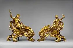 Pair of Rococo firedogs (chenets); circa 1750; gilt-bronze; dimensions of the first: 52.7 × 48.3 × 26.7 cm, of the second: 45.1 × 49.1 × 24.8 cm; Metropolitan Museum of Art