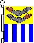 3 pallets—Per fess or and azure; in chief a dexter arm vambraced and a sinister arm contourny vambraced, proper and in base three pallets argent—Armstrong, USA (Scots arms)