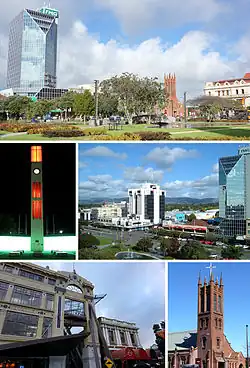 Clockwise from top: The Square, Central Business District, All Saints Church, City Library, Hopwood Clock Tower
