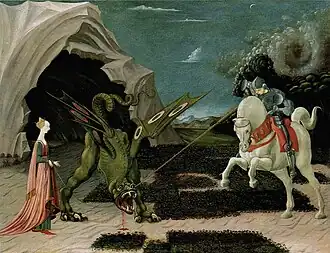 Saint George and the Dragon; by Paolo Uccello; c. 1470; oil on canvas; 55.6 x 74.2 cm; National Gallery (London)[154]