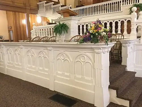Stand area in the tabernacle. All woodwork was hand done. This area burnt in 1887, and had to be re-done, delaying the dedication.