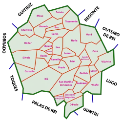 A map of Friol and its parroquias.