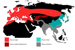 Map of Eurasia and North Africa with ranges depicted in four colours
