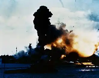 The Arizona's forward magazines explode in a still from a film made during the Japanese attack.