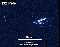 A colorized image, with a multi-colored region in the middle, elongated left-to-right. The text "I32 Pele" is displayed at top left, and at bottom center, and a color chart of the gradient used. A scale bar shows that the image covers an area 60 kilometers across.