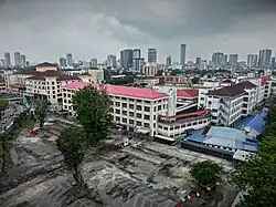 Aerial view of a hospital complex.