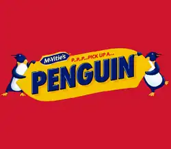 The logo for McVitie's Penguin bars, a crimson red background featuring two penguins looking in either direction, holding a yellow sign that reads "P..p..p..pick up a Penguin".