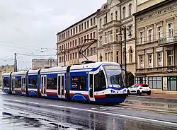 Blue, white and red tram