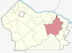 Map of Makati with Post Proper Northside highlighted. Areas in light red indicate claimed territory within Fort Bonifacio, Taguig.
