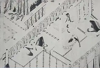 Very constructed ink painting, similar to tsukuri-e without colour; the line is fine and uniform. Makura no Sōshi Emaki&nbsp;[fr], 13th century