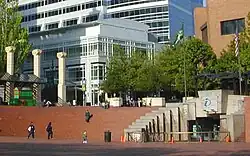 Photograph of a public square with buildings in the background