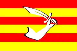 A flag used by Edmund Cooke, described as "red Colours striped with yellow, with a Hand and Sword for his devise".[50]