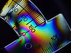 A transparent plastic protractor with smoothly varying bright colors