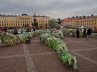 The square is often a spot for artworks and events like this environmental-awareness raising plastic bag octopus during Helsinki Night of the Arts 2016