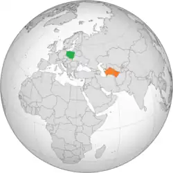 Map indicating locations of Poland and Turkmenistan