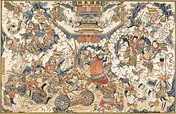 Popular multicolored New Year print (nianhua 年畫) entitled "Ten Thousand Countries Coming to Court" (Wanguo laichao tu 萬國來朝圖), by Wang Junfu 王君甫, mid to late 17th century.[15]