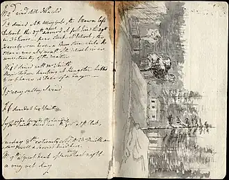 Pages 6 and 7 of Elizabeth Simcoe's diary. Page 6 is a textual entry into her diary and page 7 a drawing of trees and two small buildings.